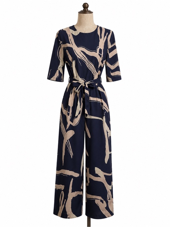 ? Pants - Navy & Beige Abstract Print Tie-Waist Wide-Leg Jumpsuit